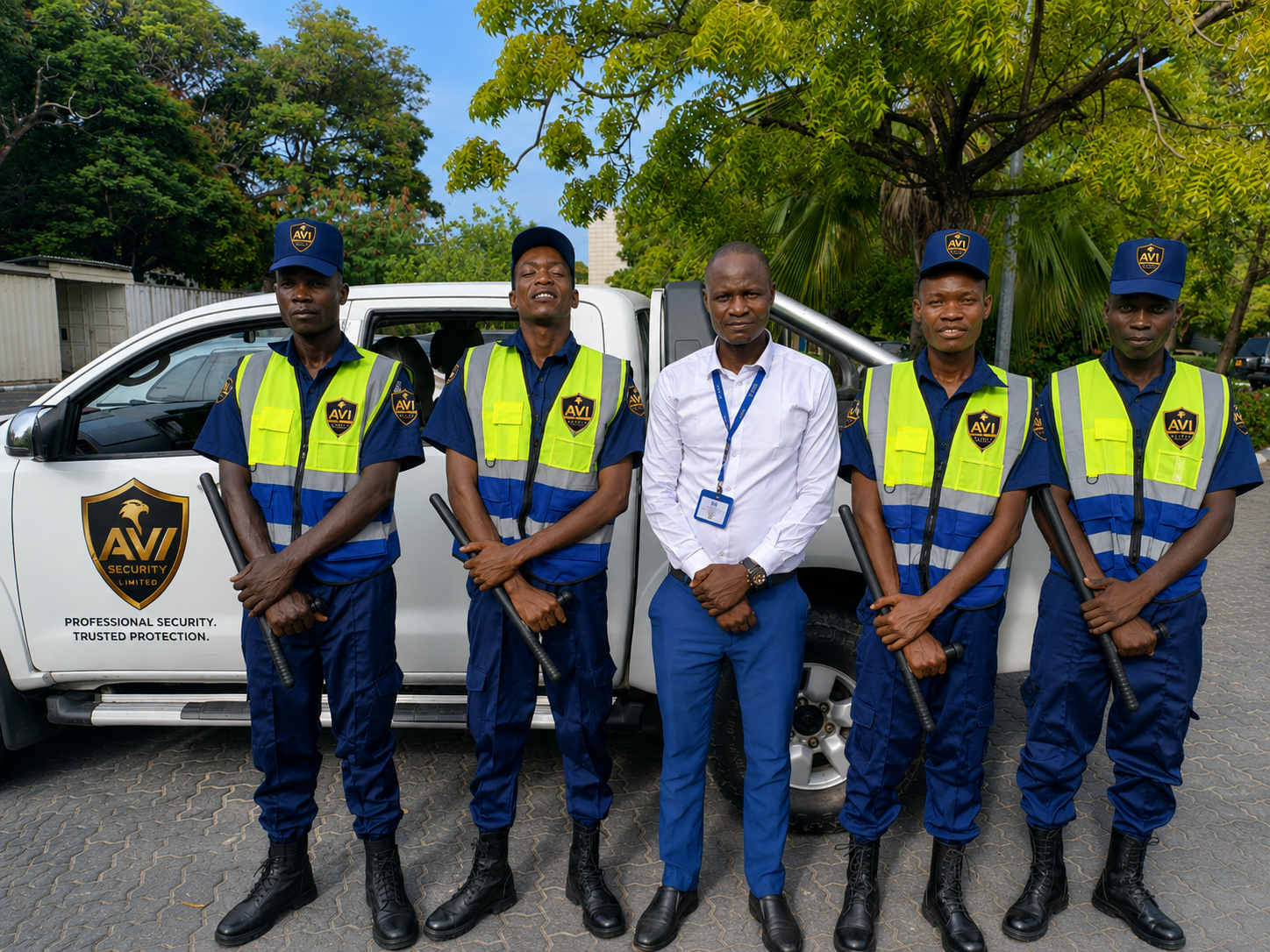 AVI Security patrol team beside security vehicle